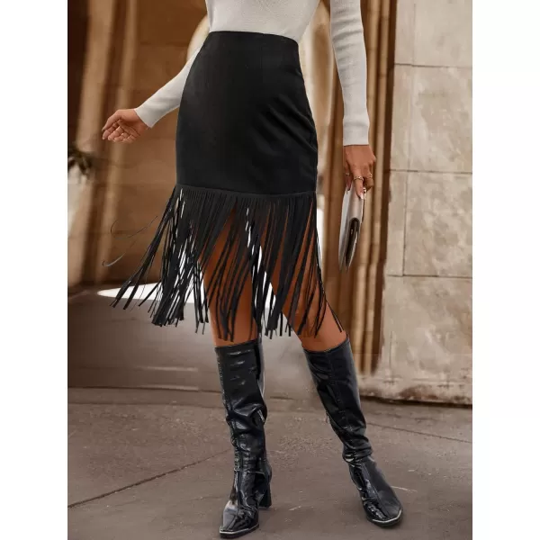 WDIRARA Women's Tassel Fringe Trim Faux Suede Straight Hem High Waisted Midi Skirt