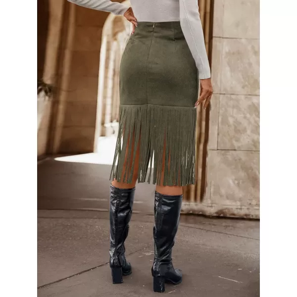 WDIRARA Women's Tassel Fringe Trim Faux Suede Straight Hem High Waisted Midi Skirt