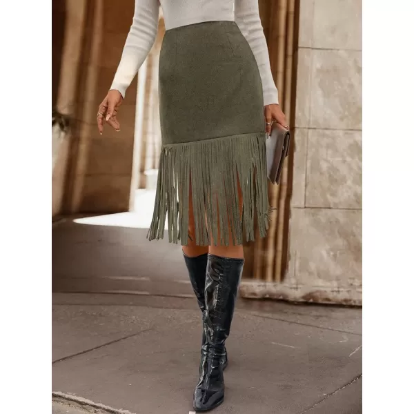 WDIRARA Women's Tassel Fringe Trim Faux Suede Straight Hem High Waisted Midi Skirt