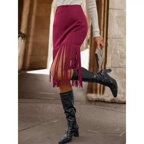 WDIRARA Women's Tassel Fringe Trim Faux Suede Straight Hem High Waisted Midi Skirt