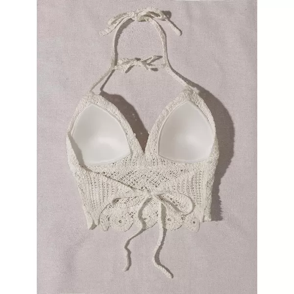 WDIRARA Women's Tie Backless Halter Swim Tops Sleeveless Crochet Tankini Top Swimwear