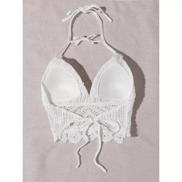 WDIRARA Women's Tie Backless Halter Swim Tops Sleeveless Crochet Tankini Top Swimwear