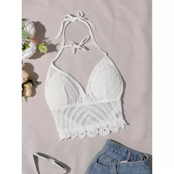 WDIRARA Women's Tie Backless Halter Swim Tops Sleeveless Crochet Tankini Top Swimwear