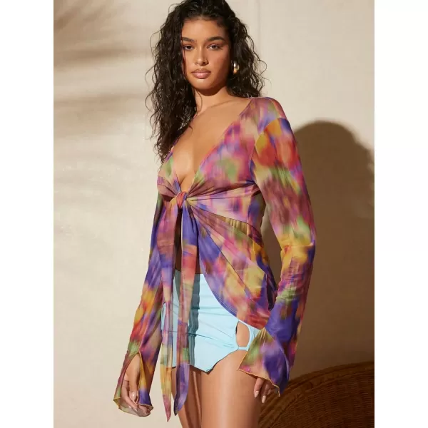 WDIRARA Women's Tie Dye Deep V Neck Knot Front Blouse Long Flare Sleeve Mesh Top