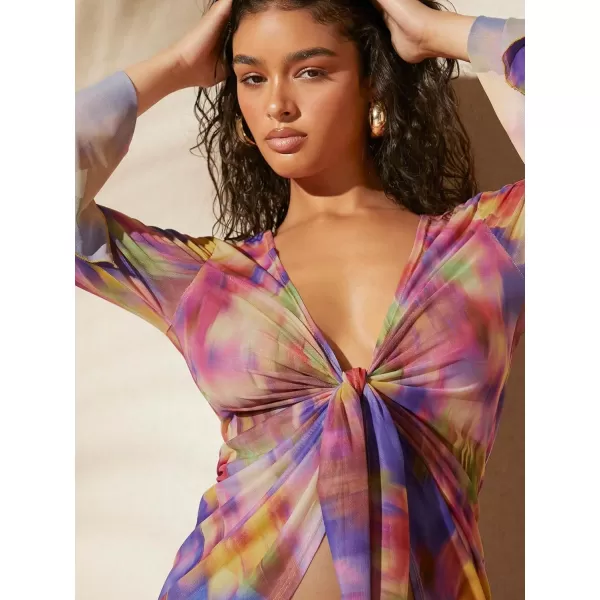 WDIRARA Women's Tie Dye Deep V Neck Knot Front Blouse Long Flare Sleeve Mesh Top