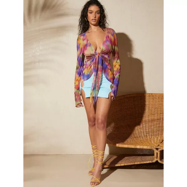 WDIRARA Women's Tie Dye Deep V Neck Knot Front Blouse Long Flare Sleeve Mesh Top