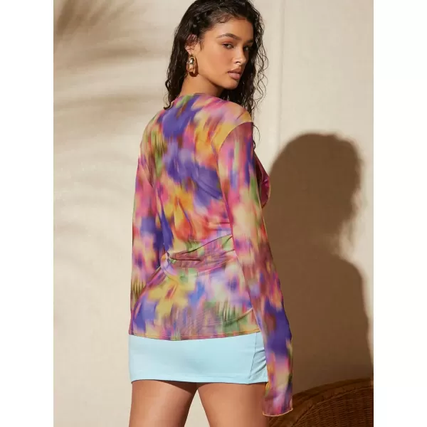 WDIRARA Women's Tie Dye Deep V Neck Knot Front Blouse Long Flare Sleeve Mesh Top