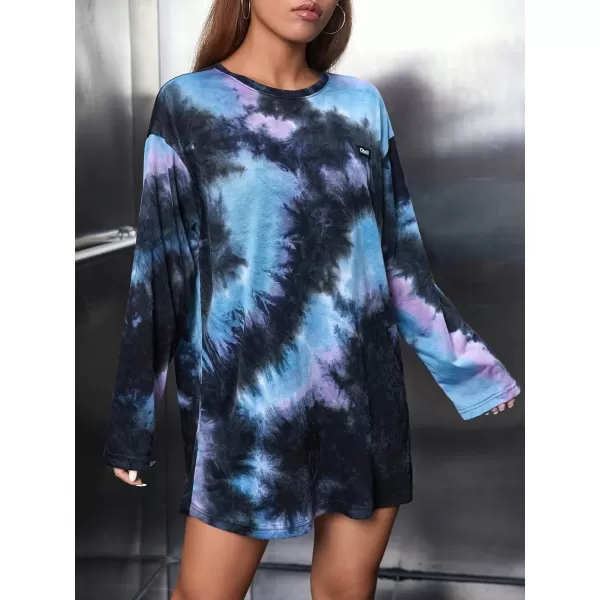 WDIRARA Women's Tie Dye Letter Patched Round Neck Long Sleeve Casual Tee Dress