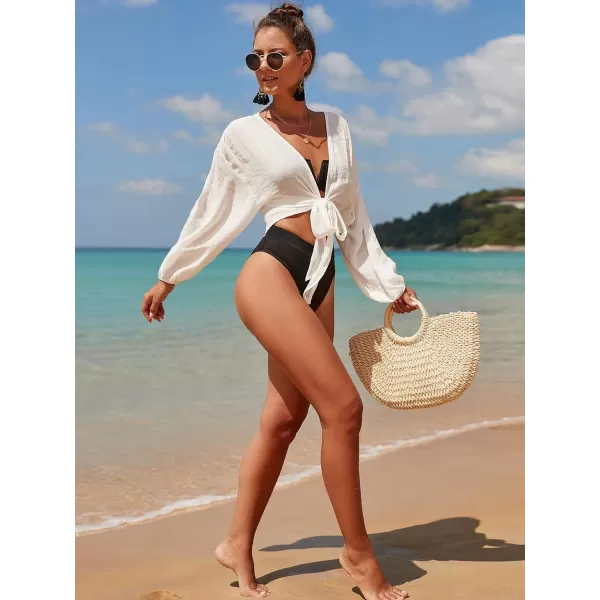 WDIRARA Women's Tie Front Long Sleeve Kimono Wrap Blouse Cover Up Top Swimwear