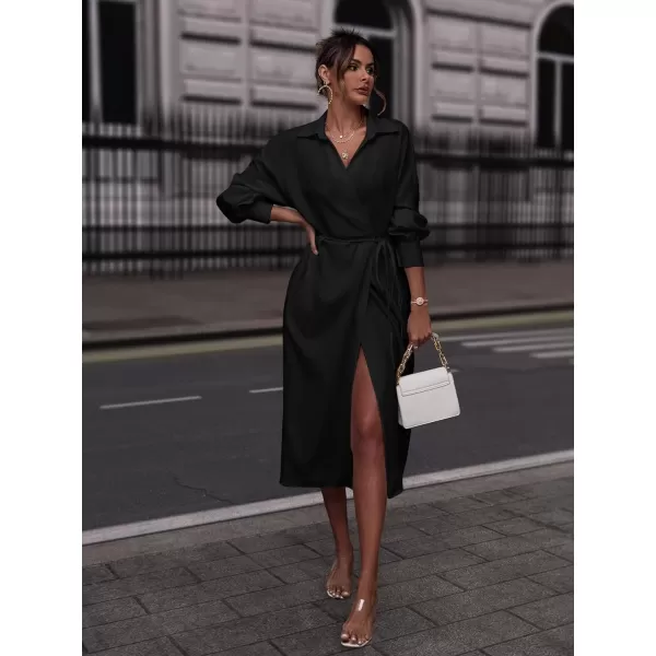 WDIRARA Women's Tie Front Wrapped High Waisted Drop Shoulder Long Sleeve Shirt Dress