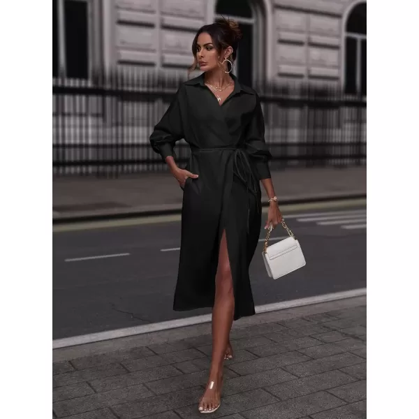 WDIRARA Women's Tie Front Wrapped High Waisted Drop Shoulder Long Sleeve Shirt Dress