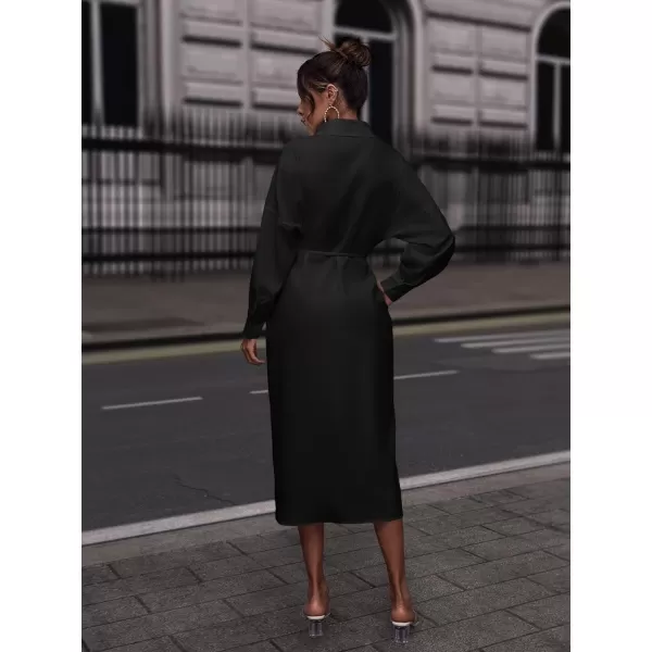 WDIRARA Women's Tie Front Wrapped High Waisted Drop Shoulder Long Sleeve Shirt Dress
