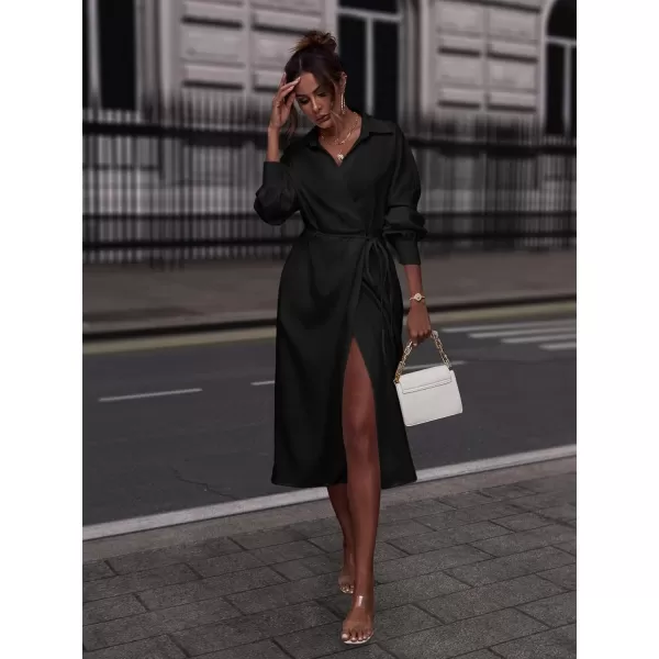 WDIRARA Women's Tie Front Wrapped High Waisted Drop Shoulder Long Sleeve Shirt Dress