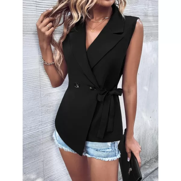 WDIRARA Women's Tie Side Double Button Sleeveless Wrap Hem Vest Blazer Jacket
