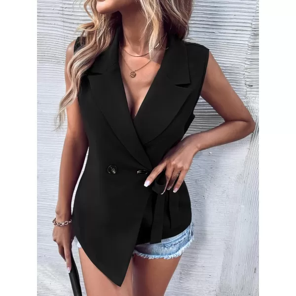 WDIRARA Women's Tie Side Double Button Sleeveless Wrap Hem Vest Blazer Jacket