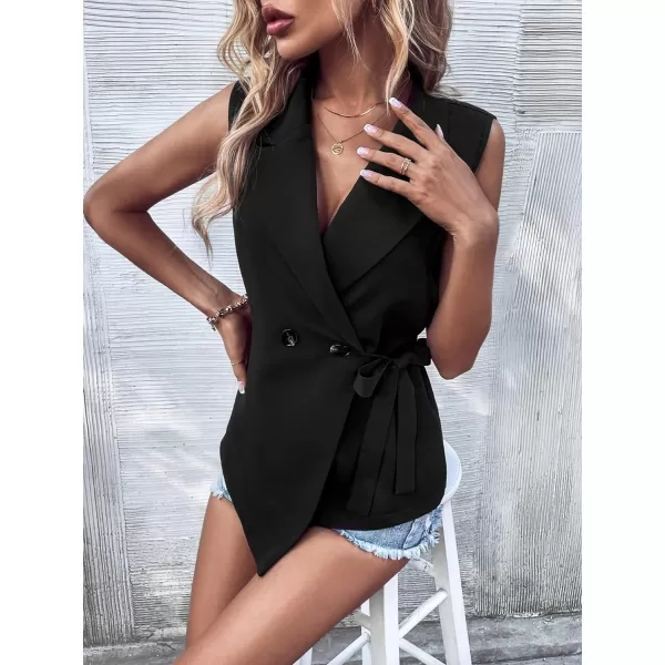 WDIRARA Women's Tie Side Double Button Sleeveless Wrap Hem Vest Blazer Jacket