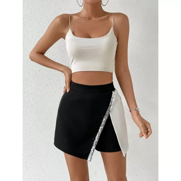 WDIRARA Women's Two Tone Contrast Sequin Zipper Fly Skort Colorblock Asymmetrical Hem Track Shorts