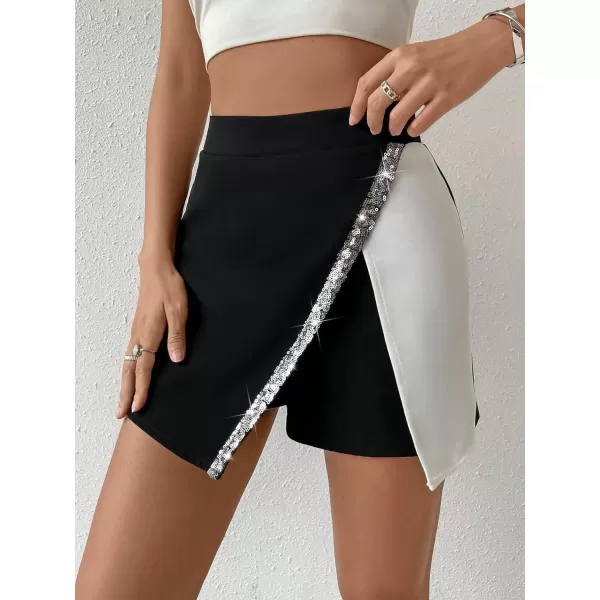 WDIRARA Women's Two Tone Contrast Sequin Zipper Fly Skort Colorblock Asymmetrical Hem Track Shorts