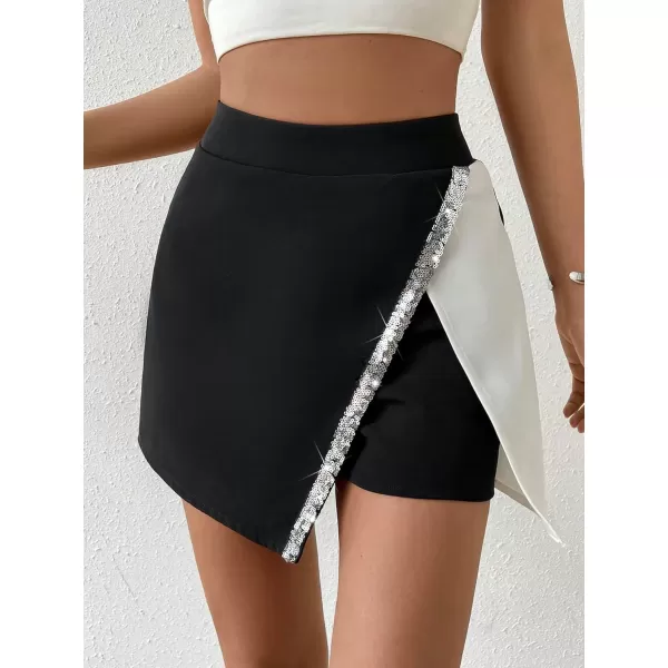 WDIRARA Women's Two Tone Contrast Sequin Zipper Fly Skort Colorblock Asymmetrical Hem Track Shorts