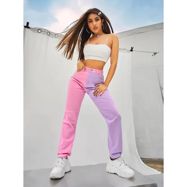 WDIRARA Women's Two Tone High Waist Straight Leg Loose Casual Mom Jeans Pants