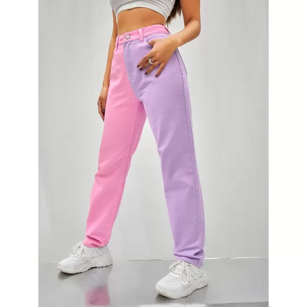 WDIRARA Women's Two Tone High Waist Straight Leg Loose Casual Mom Jeans Pants