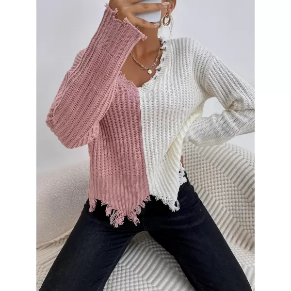 WDIRARA Women's Two Tone V Neck Ripped Sweater Long Sleeve Colorblock Knit Tops