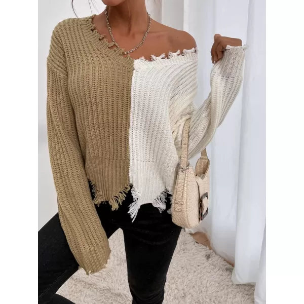 WDIRARA Women's Two Tone V Neck Ripped Sweater Long Sleeve Colorblock Knit Tops
