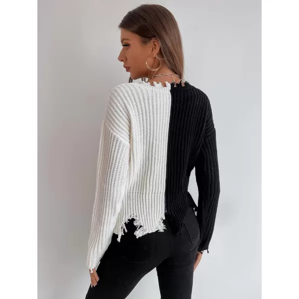 WDIRARA Women's Two Tone V Neck Ripped Sweater Long Sleeve Colorblock Knit Tops