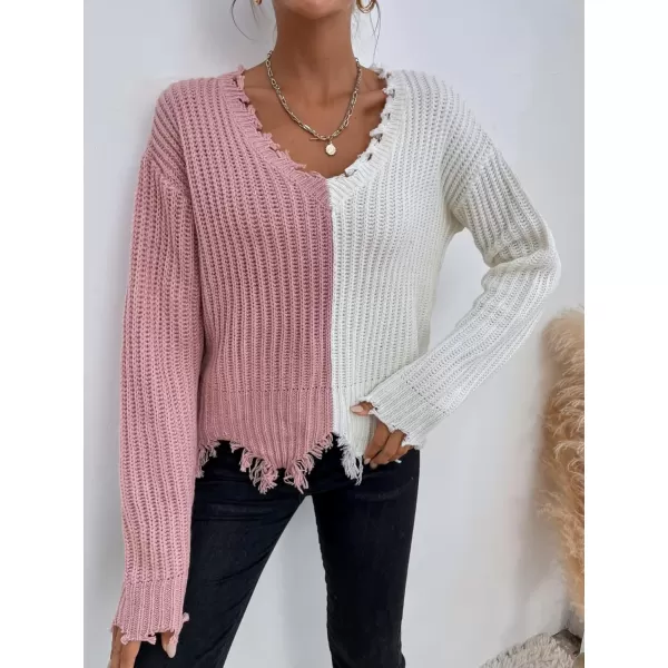 WDIRARA Women's Two Tone V Neck Ripped Sweater Long Sleeve Colorblock Knit Tops
