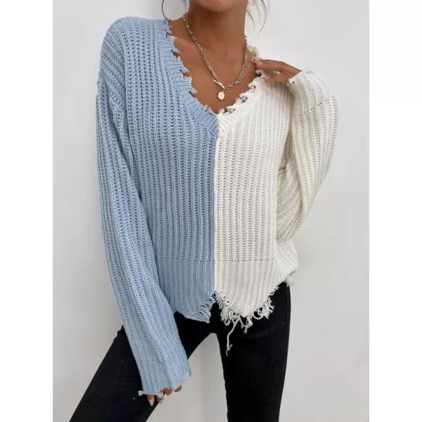 WDIRARA Women's Two Tone V Neck Ripped Sweater Long Sleeve Colorblock Knit Tops