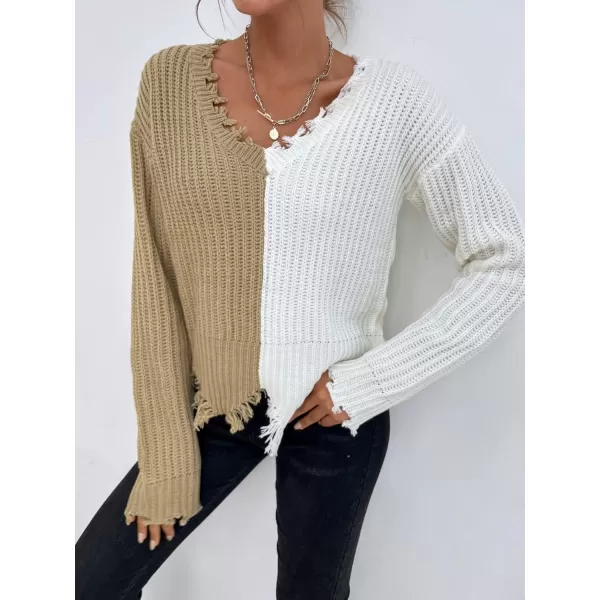 WDIRARA Women's Two Tone V Neck Ripped Sweater Long Sleeve Colorblock Knit Tops