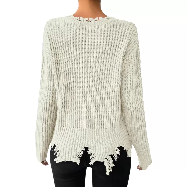 WDIRARA Women's Two Tone V Neck Ripped Sweater Long Sleeve Colorblock Knit Tops