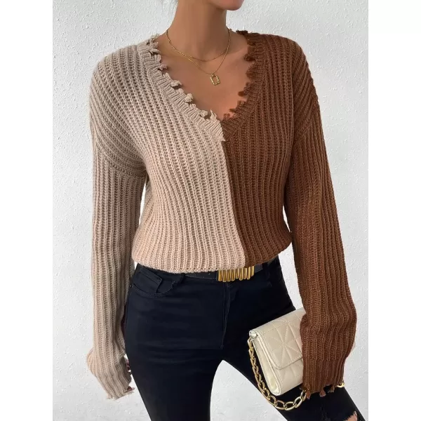 WDIRARA Women's Two Tone V Neck Ripped Sweater Long Sleeve Colorblock Knit Tops