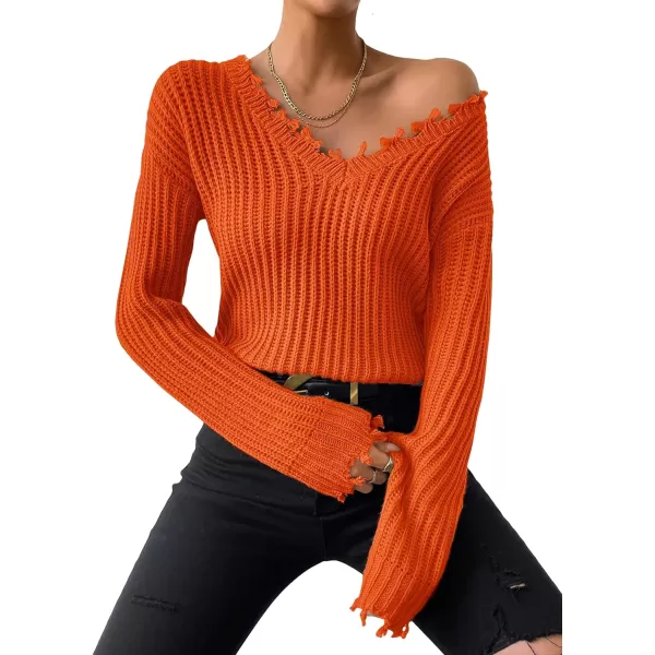 WDIRARA Women's Two Tone V Neck Ripped Sweater Long Sleeve Colorblock Knit Tops