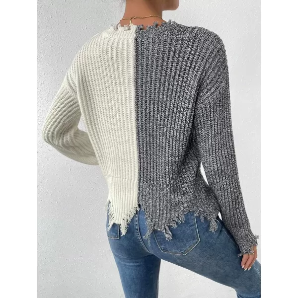 WDIRARA Women's Two Tone V Neck Ripped Sweater Long Sleeve Colorblock Knit Tops