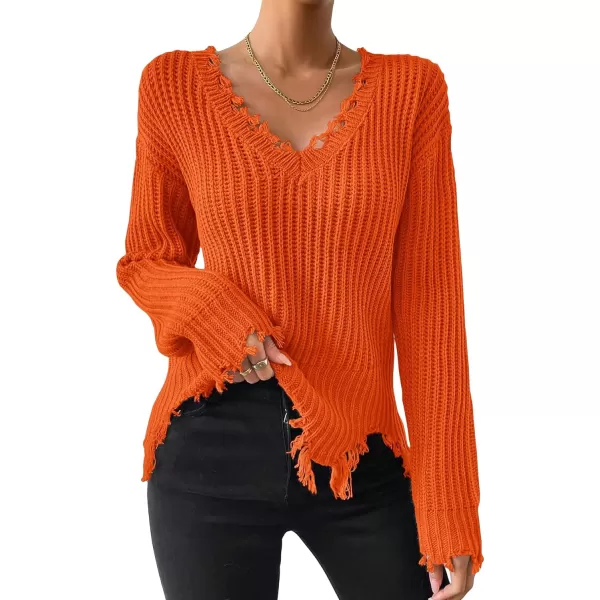 WDIRARA Women's Two Tone V Neck Ripped Sweater Long Sleeve Colorblock Knit Tops