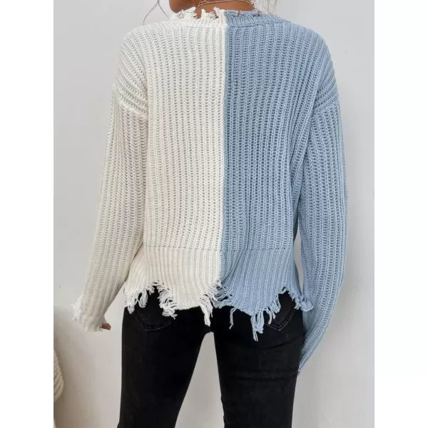 WDIRARA Women's Two Tone V Neck Ripped Sweater Long Sleeve Colorblock Knit Tops