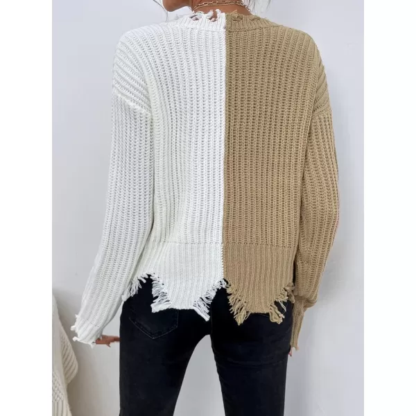 WDIRARA Women's Two Tone V Neck Ripped Sweater Long Sleeve Colorblock Knit Tops