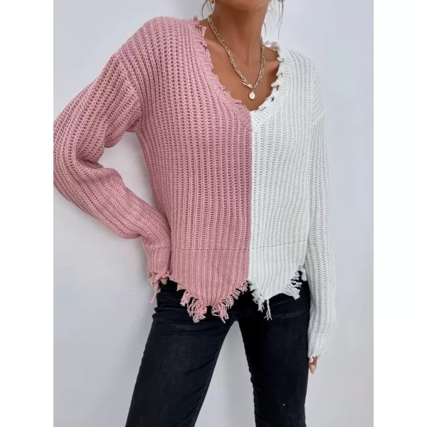 WDIRARA Women's Two Tone V Neck Ripped Sweater Long Sleeve Colorblock Knit Tops