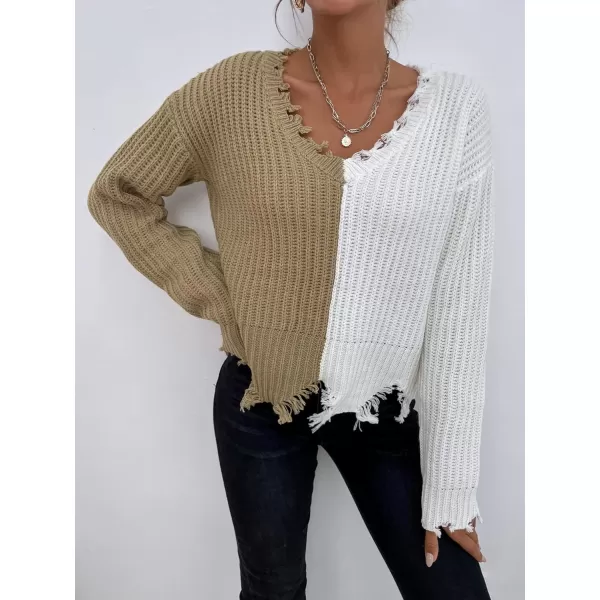 WDIRARA Women's Two Tone V Neck Ripped Sweater Long Sleeve Colorblock Knit Tops