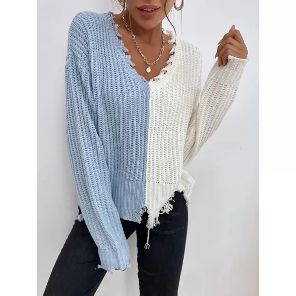 WDIRARA Women's Two Tone V Neck Ripped Sweater Long Sleeve Colorblock Knit Tops