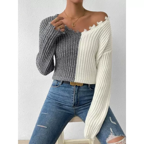 WDIRARA Women's Two Tone V Neck Ripped Sweater Long Sleeve Colorblock Knit Tops