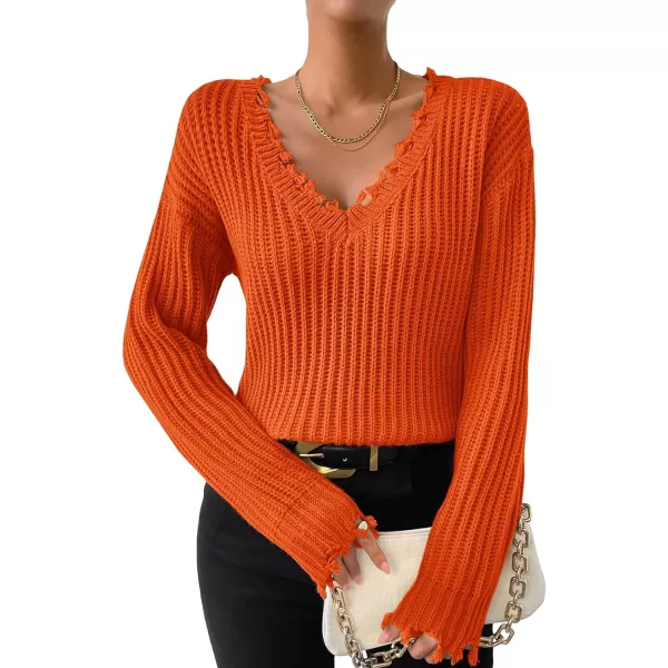 WDIRARA Women's Two Tone V Neck Ripped Sweater Long Sleeve Colorblock Knit Tops