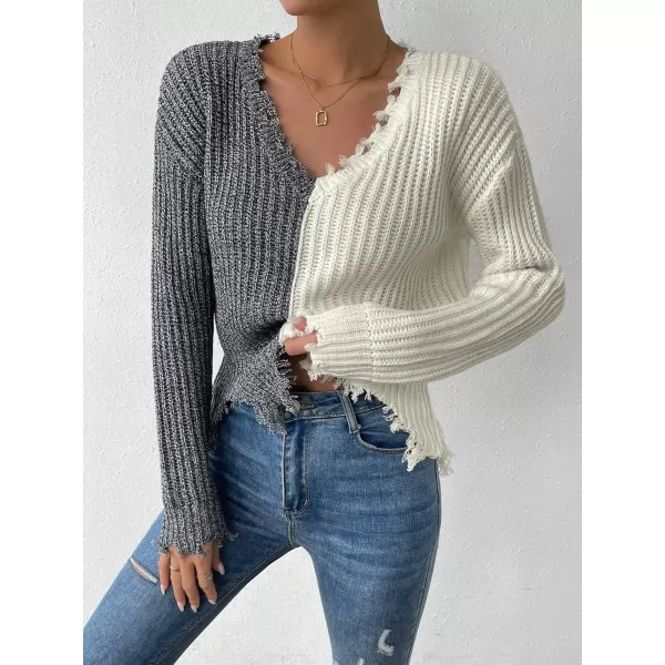 WDIRARA Women's Two Tone V Neck Ripped Sweater Long Sleeve Colorblock Knit Tops