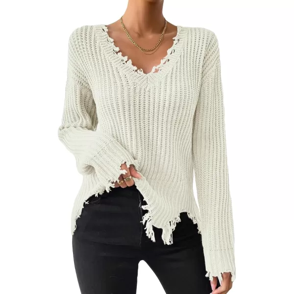 WDIRARA Women's Two Tone V Neck Ripped Sweater Long Sleeve Colorblock Knit Tops