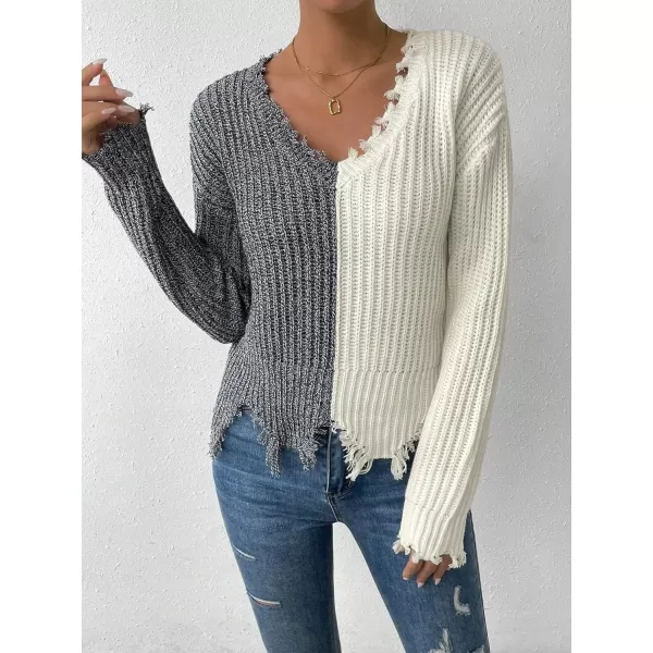 WDIRARA Women's Two Tone V Neck Ripped Sweater Long Sleeve Colorblock Knit Tops