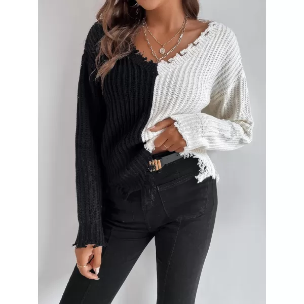 WDIRARA Women's Two Tone V Neck Ripped Sweater Long Sleeve Colorblock Knit Tops