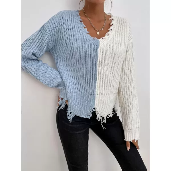 WDIRARA Women's Two Tone V Neck Ripped Sweater Long Sleeve Colorblock Knit Tops