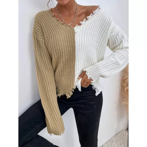 WDIRARA Women's Two Tone V Neck Ripped Sweater Long Sleeve Colorblock Knit Tops