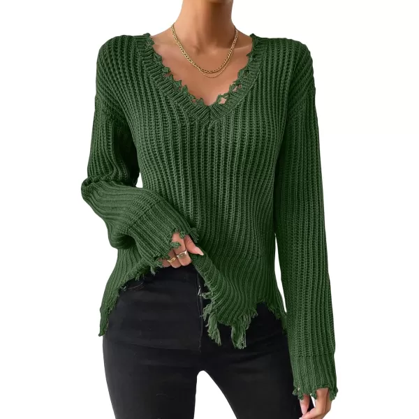 WDIRARA Women's Two Tone V Neck Ripped Sweater Long Sleeve Colorblock Knit Tops